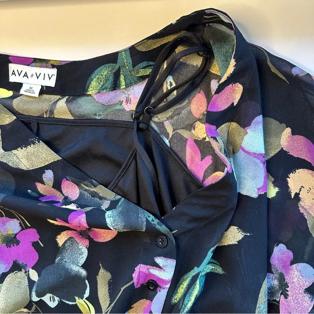 Ava & Viv Women 3X Maxi Dress Black Floral Multi Sheer Tiered Flutter Sleeves - Picture 10 of 14